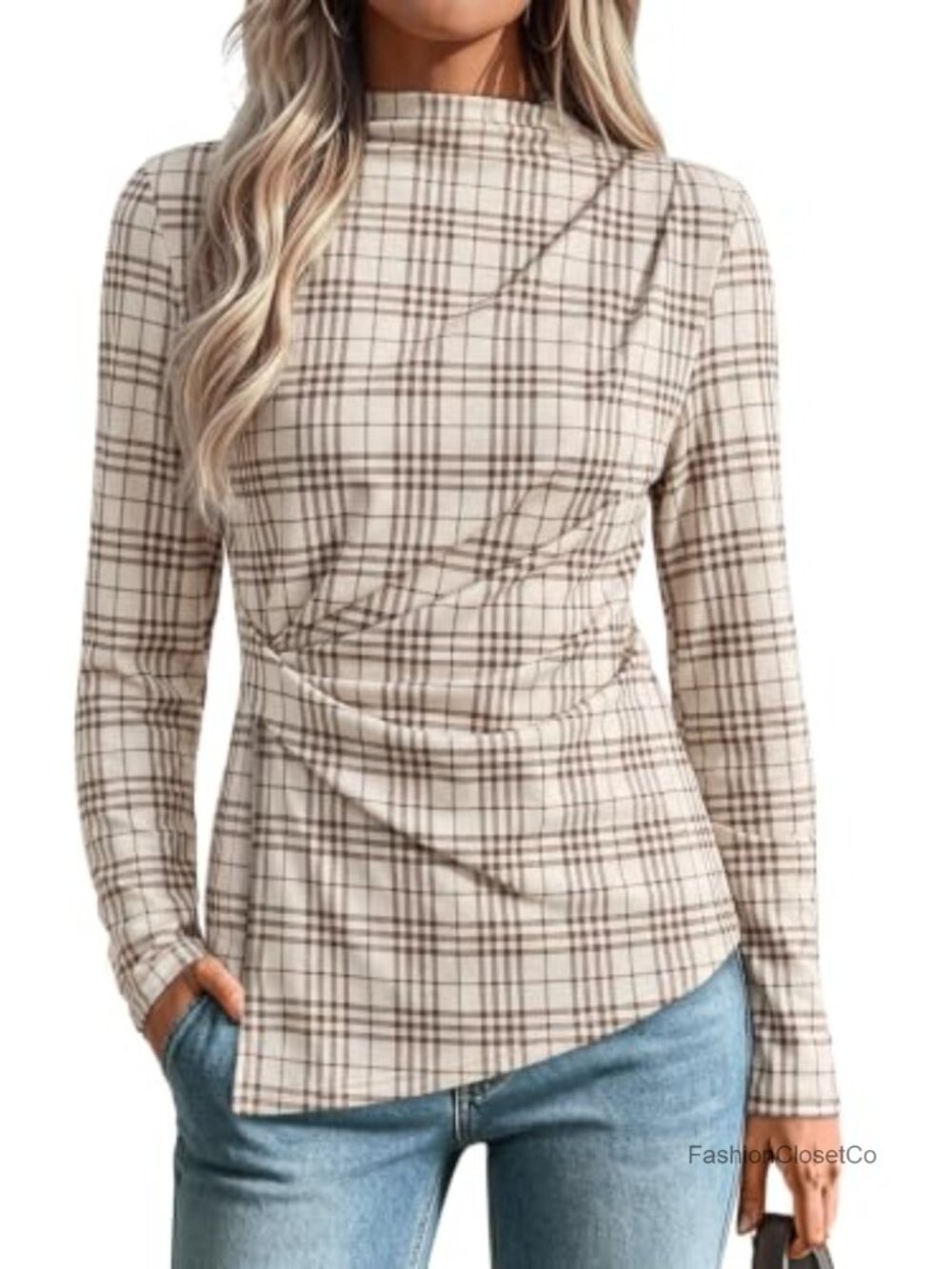 Mock Neck Peplum Blouse Long Sleeve Asymmetric Hem Business Casual Top